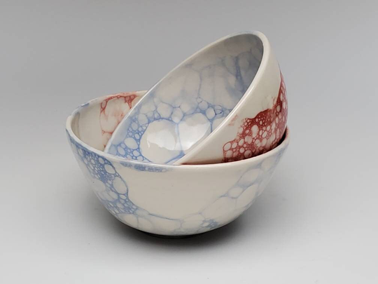 Beautiful Red & Blue Bubble Glazed Porcelain Nesting Bowls For Serving, Entertaining Presentation, Patriotic