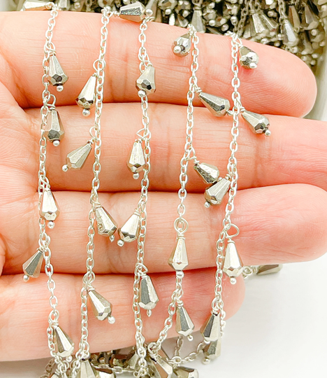 1Ft 6x4mm Pyrite 925 Silver Dangle Chain By Foot, Teardrop Silver Pyrite Bead Chain, Pear Shape Shaker Necklace Wholesale Bulk
