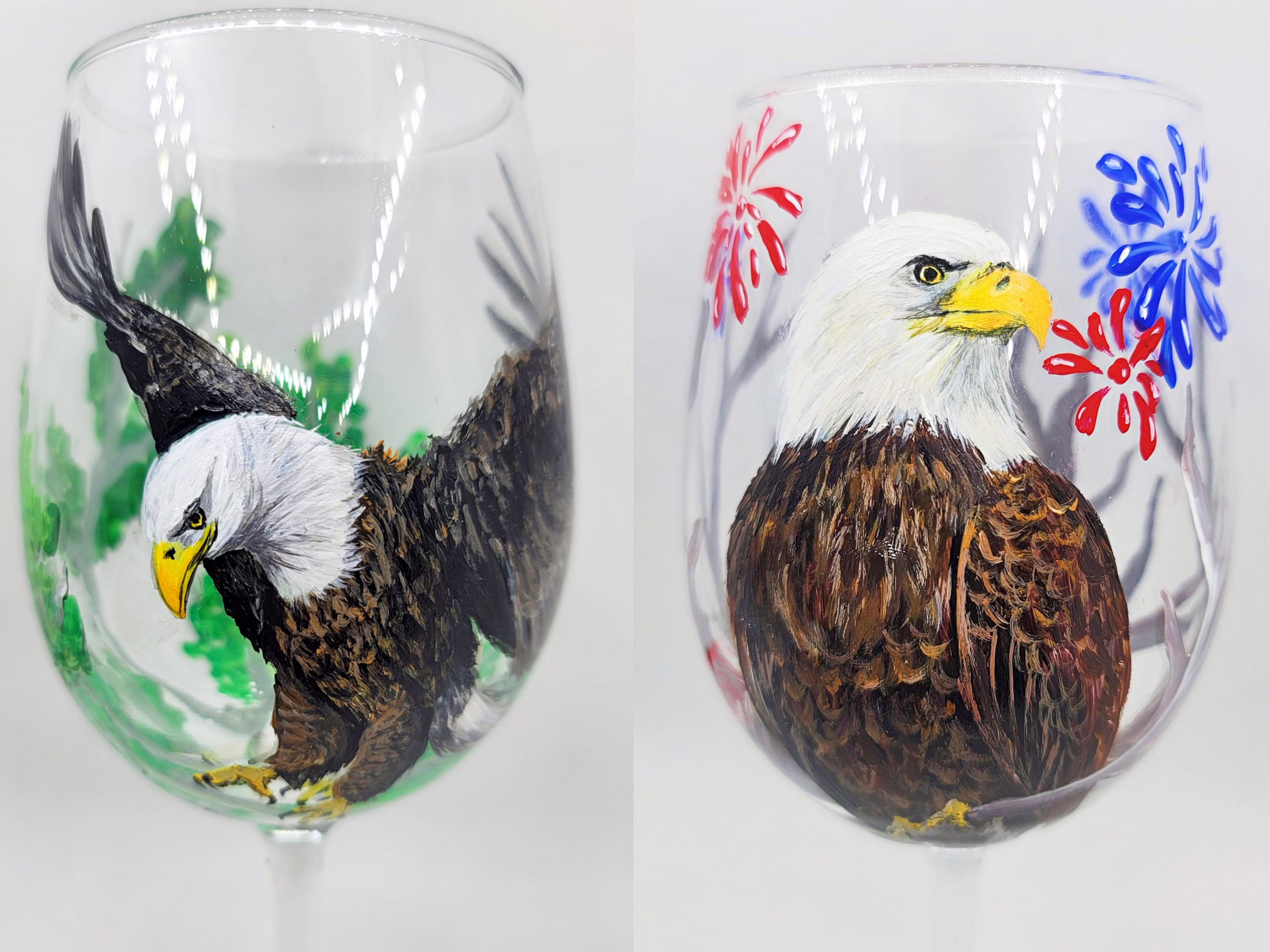 Hand Painted Flying Eagle American Eagle Wine Glass Nature Art Bald Gift Unique