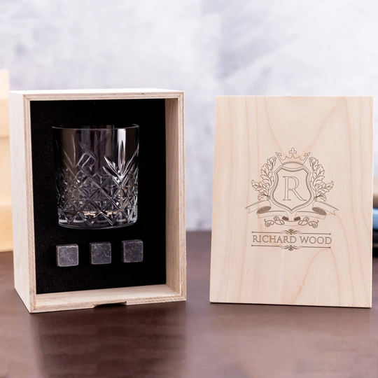 Personalized Whisky Glass Set With Whiskey Stones in Wood Box. Gifts For Him Christmas Bourbon Best Man Gift