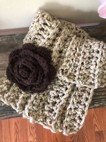 Oatmeal Tweed Chunky Cowl Endless Loop Scarf Neck Warmer With Chocolate Brown Removable Large Flower Statement Brooch