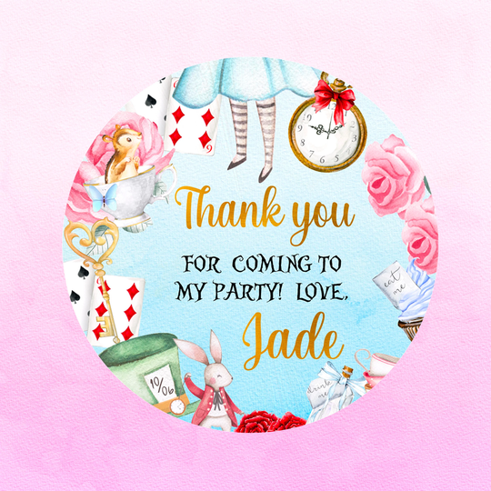 Alice in Onederland Thank You Stickers Mad Hatter Wonderland Tea Party Favors Baby Shower