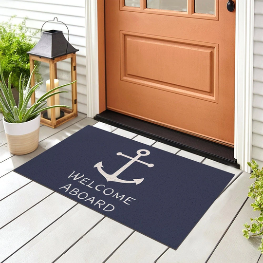 Welcome Aboard Entrance Door Mat, Blue Anchor Doormat, Anti Skid PVC Coil Mats, Mat For Home, Washable Entryway