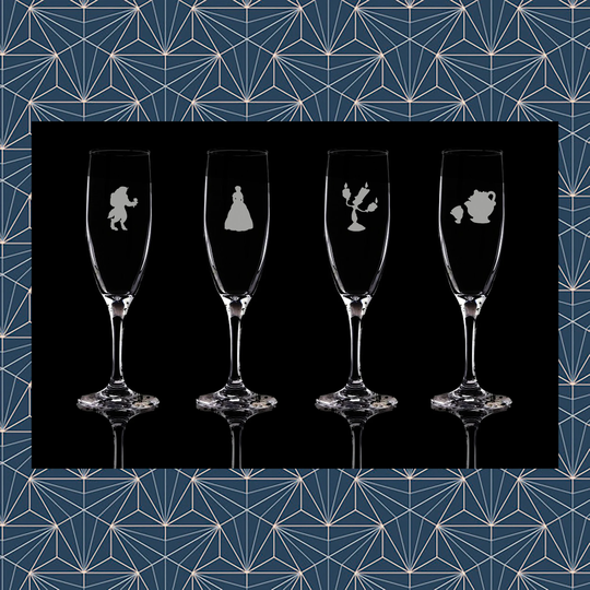 Set Of 4 Beauty & Beast Engraved Flute Prosecco Glass. Beautiful Etched Glasses. Personalised With Name. Design Won't Wear Off Like Vinyl.15