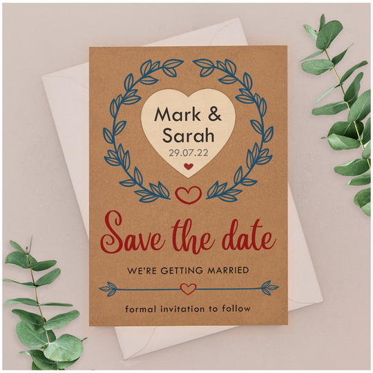 Personalised Wreath Save The Date Card Magnets - Wooden Heart Fridge Magnet Spring Summer Autumn Winter Wedding Stationary
