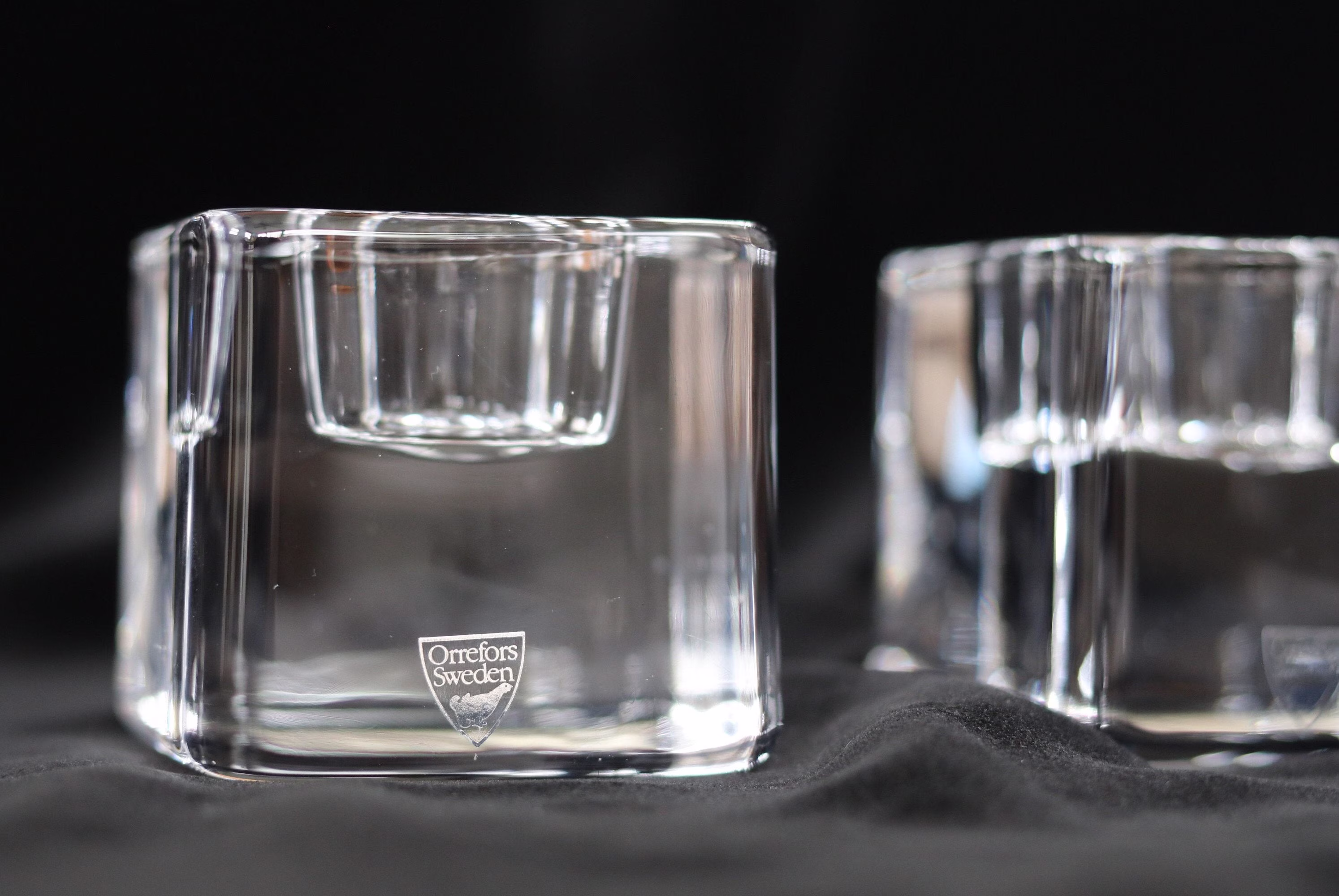 A Pair- Vintage Designed Orrefors Votive - Fire & Ice Designed By Göran Wärff Glass Cube Votive, Tea Light Holder Candle