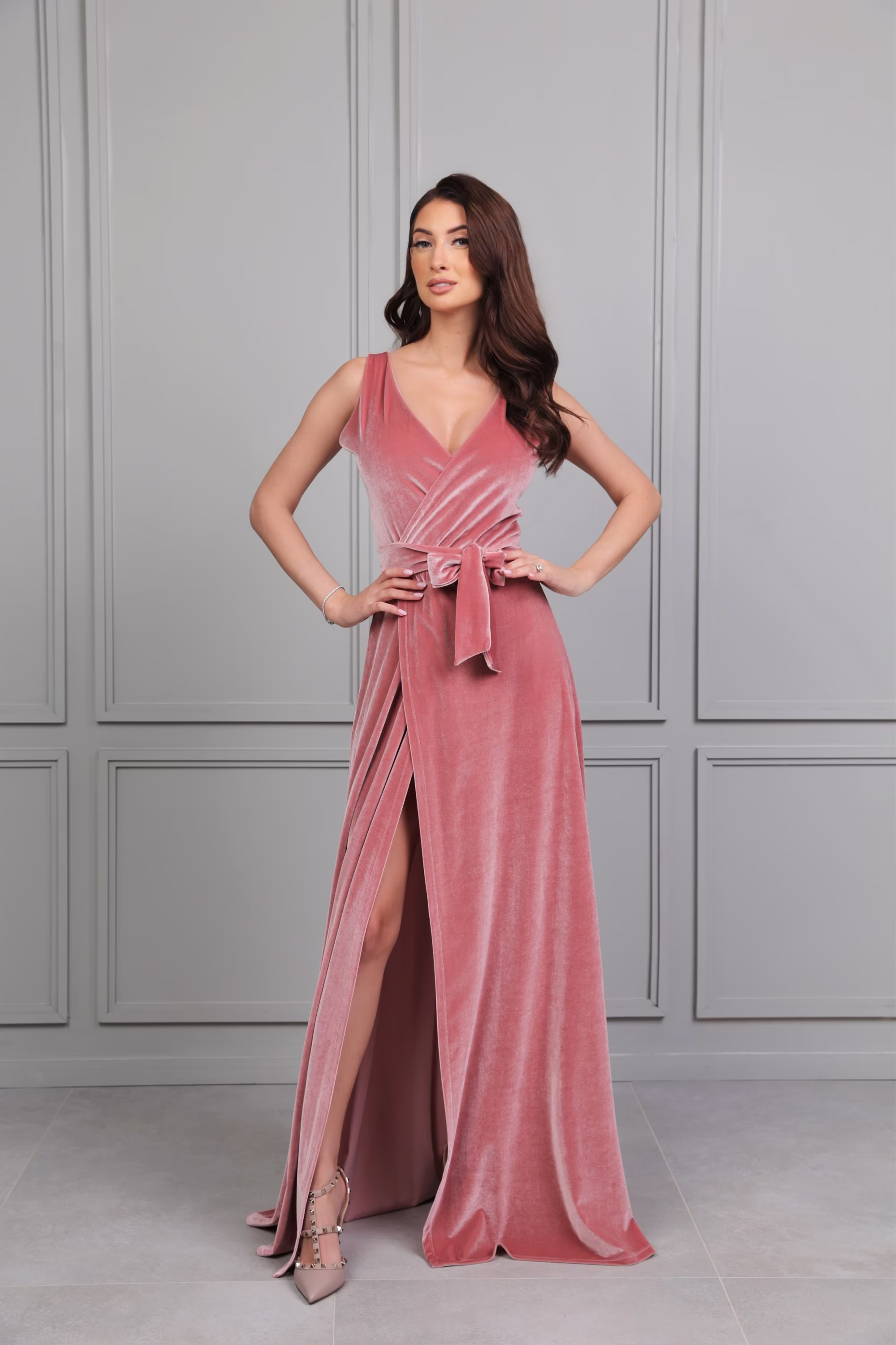 Blush Pink A - Line Women Velvet Maxi Dress Wrap V - Neck Back High Leg Split Sleeveless