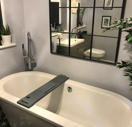 Grey Bath Rack Over The Storage Tray With Silver Brushed Handles Tablet Slot Holder & Wine Glass Board