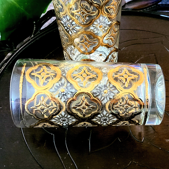 High Ball Tumblers Gold White Quatrefoil Design | Gold Missing Set Of 2 -10 Ounces Vintage 60S 70S Read Description Outlet Store