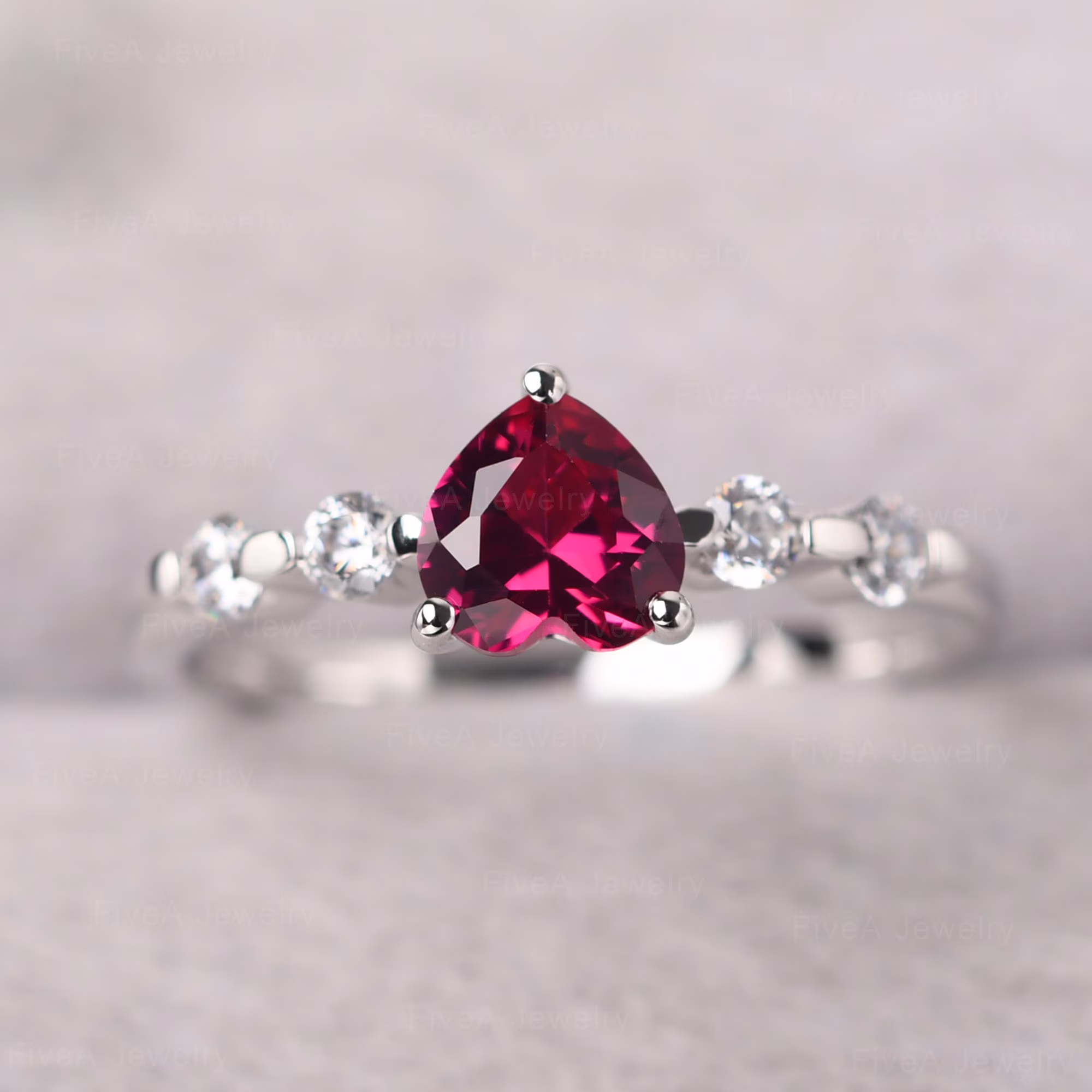 Retro Ruby Anniversary Ring 14K White Gold Heart Shaped Statement July Birthstone