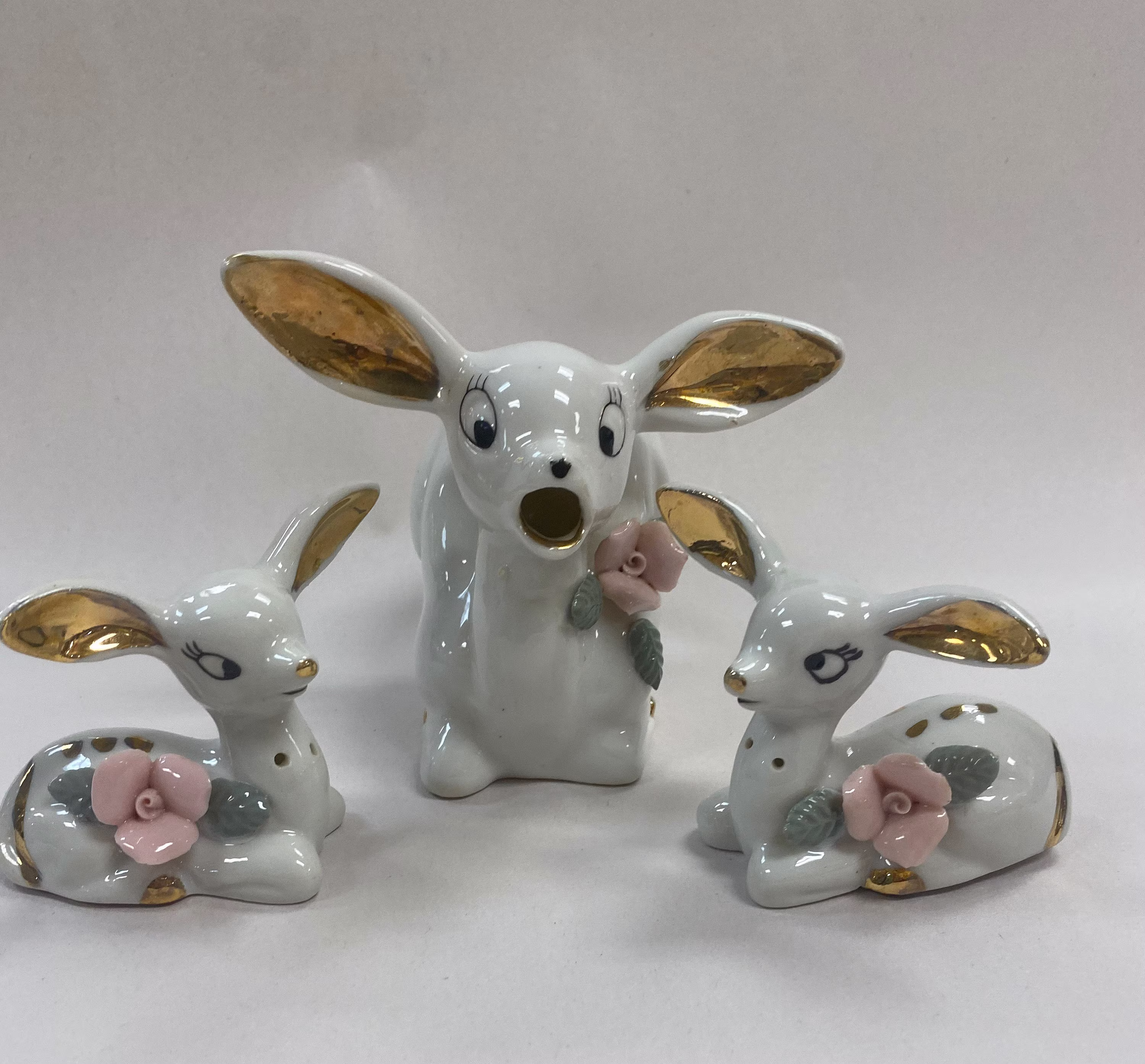 Vintage 1958 Chase Japan Deer & Fawn Figurines Three Piece Salt & Pepper, Pitcher