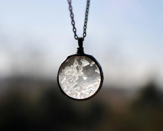 Floating Necklace, Smashed Amethyst, Dancing Stones, Terrarium Necklace, Shake It Locket, Clear Quartz, Quartz, Stones