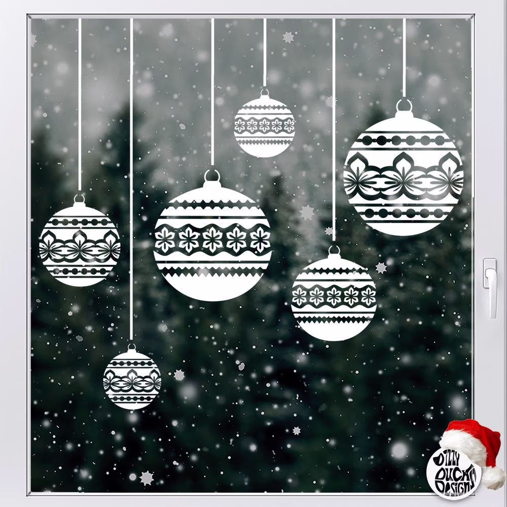 8 Nordic Bauble Xmas Window Clings Stickers - Dizzy Duck Scandi Christmas Decorations