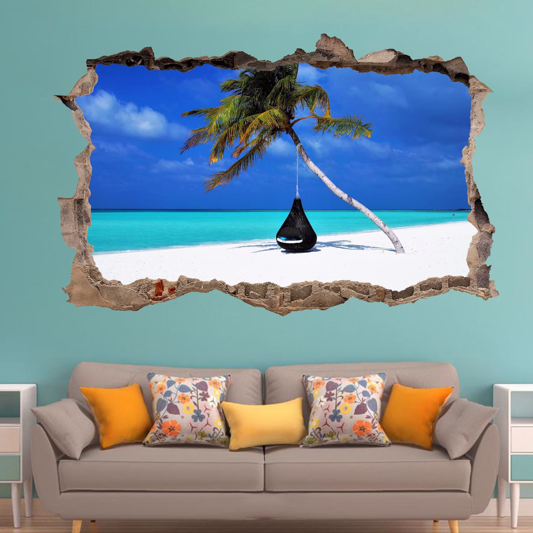Tropical Beach Sea Palm Sunny Blue Sky Wall Mural Sticker Poster Decal Room Office Nursery Decor Id2034