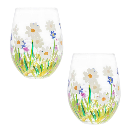 2Pcs Stemless Gin Glass 500ml Hand Painted Copa Dainty Daisies Floral Tumbler