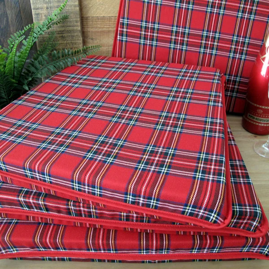 Set Of 4, 6 Or 8 Red Tartan Check Tapered Seat Pads, Chair Multi Coloured Square Kitchen Chair Pad. Bistro, Bar Patio Seat