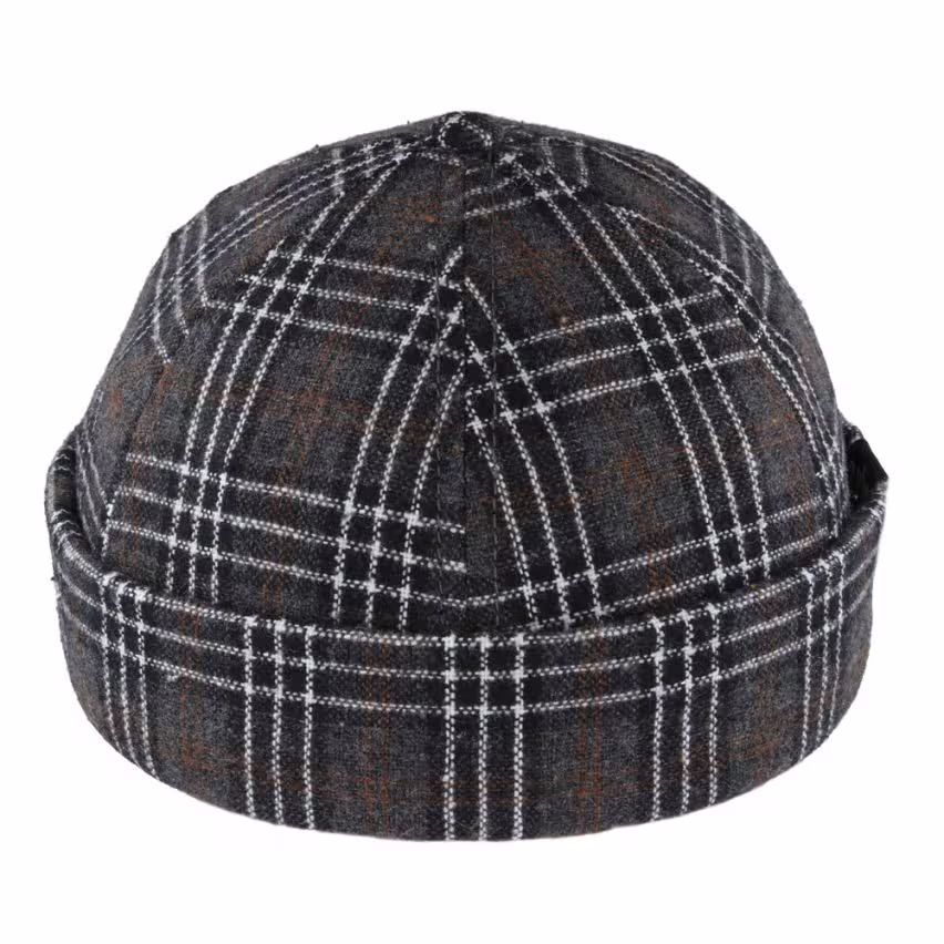 Docker Wool Dock Worker Beanie Cap Check Tweed Rolled Cuff Retro Fashion Brimless Docker Hats