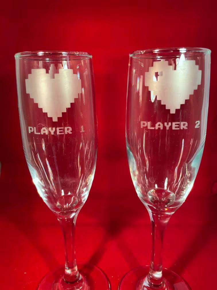 Player 1 & 2 Etched Gaming Champagne Flutes. Geeky Wedding Glasses