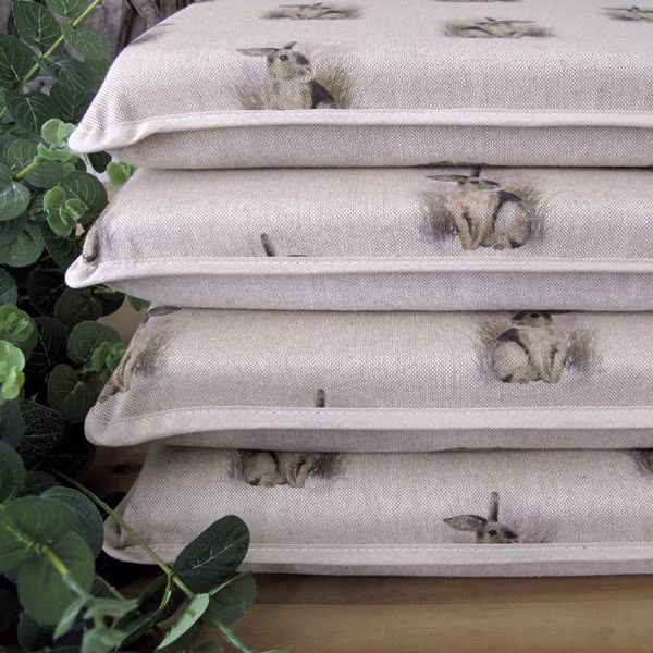 Set Of 4, 6 Or 8 Small Rabbits Reversible Square Seat Pads, Chair Small Rabbit Print To Front, Choice Plain Back