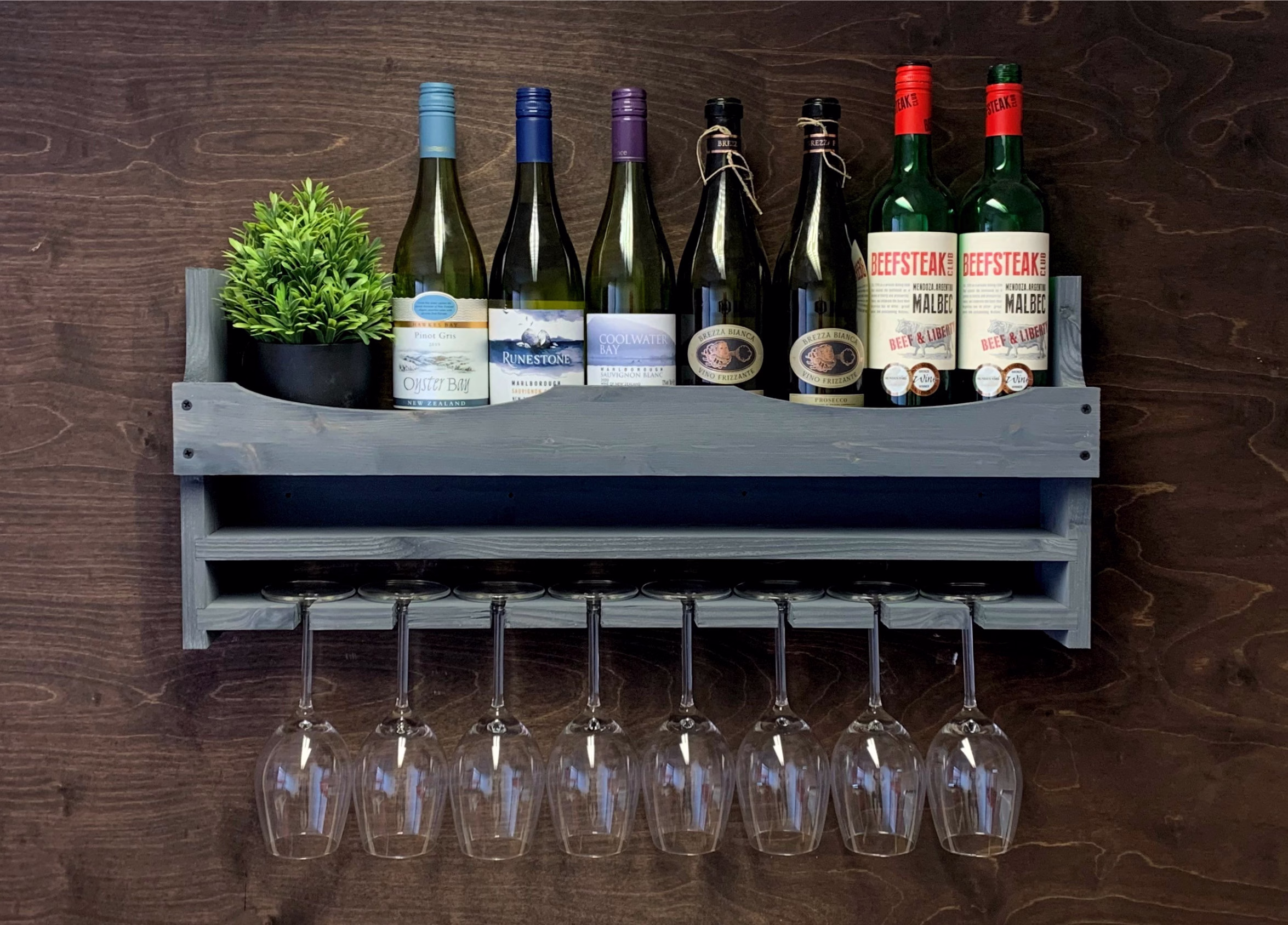 Personalised Grey Wooden Wine Bottle Holder & 8 Glass Wall Mounted Display Bar | 8Gr | Em