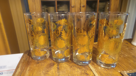 Set Of 4 Vintage, Retro Fall Flora Glasses, Tumblers, Gold, Leaves, Mums Or Asters, Drinkware, 6-3/8