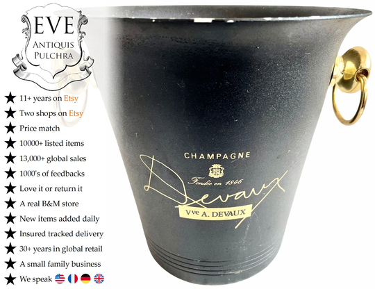 Vintage French Black Metal Veuve A Devaux Champagne Wine Ice Bucket Cooler Display Stand Pot Handled C1990's/Eve De France