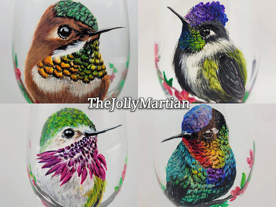 Hand Painted Hummingbird Wine Glass Close Up Cute Vivd Humming Bird Painting Marvelous Spatuletail Wine-Throated