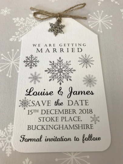 Vintage/Rustic Snowflake/Winter/Christmas Wedding Save The Date Tags With Snowflake Embellishment & Magnet/Fridge Magnet