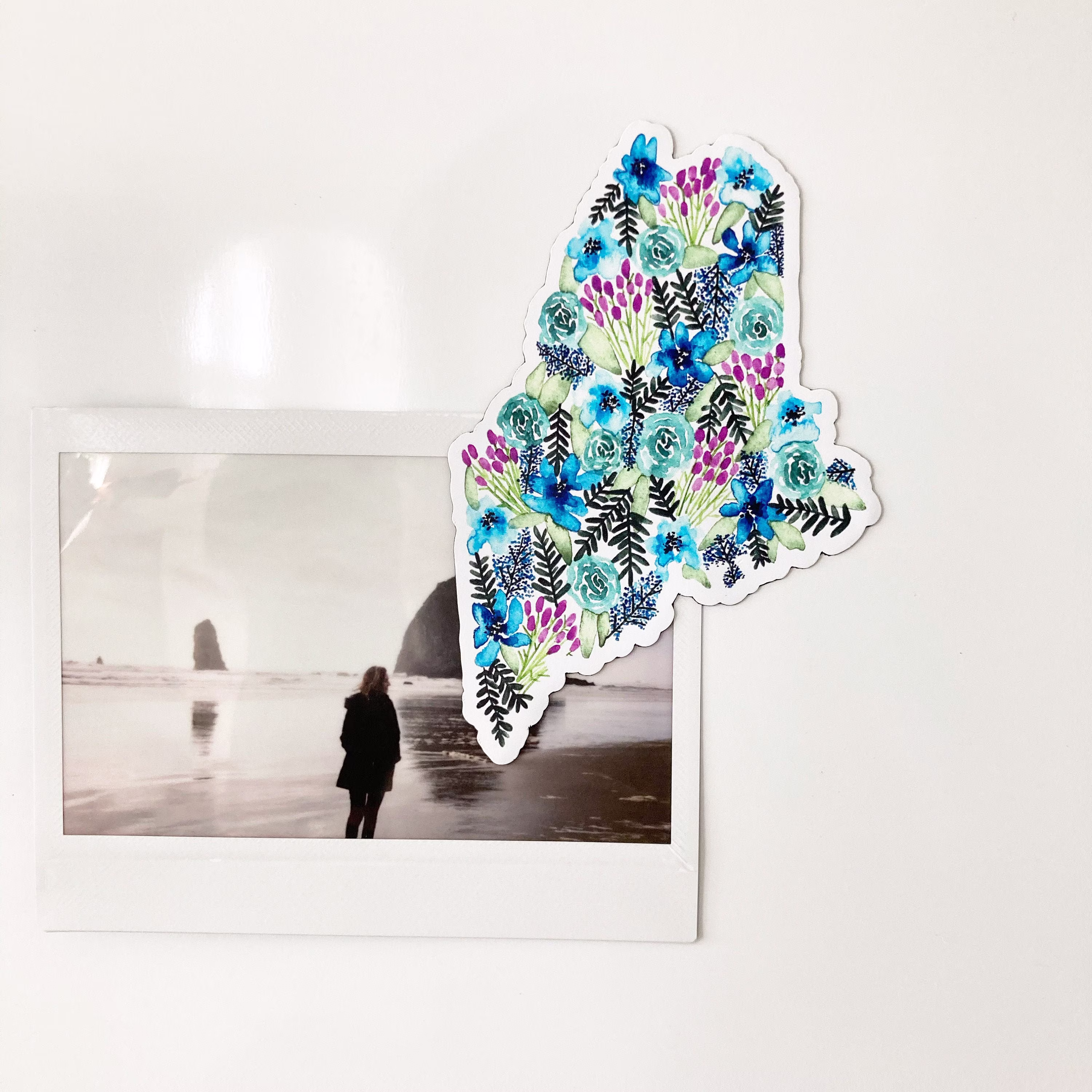 Blue & Purple Floral Maine Die Cut Magnet // Refrigerator Watercolor State Art Gift Car