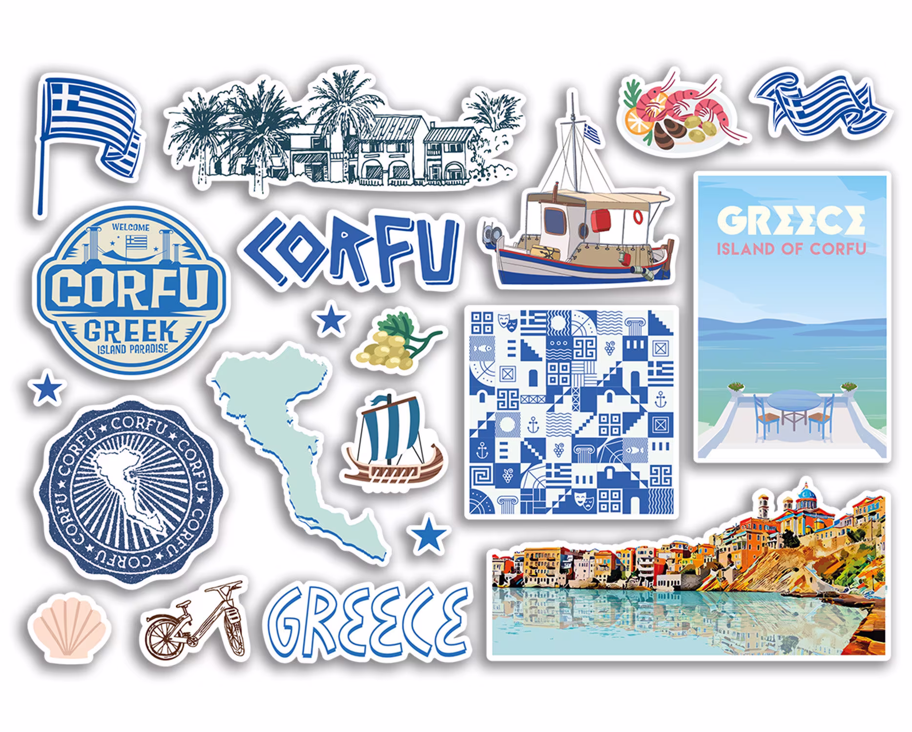 A5 Sticker Sheet Corfu Landmarks Vinyl Stickers - Greece Greek Beach Map Airport Stamps Skyline Flag Travel Holiday City Trip Luggage #79097