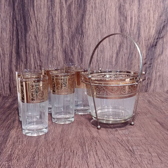 Set Of Six Starlyte Gold Trimmed Glasses With One Ice Bucket in Carrier
