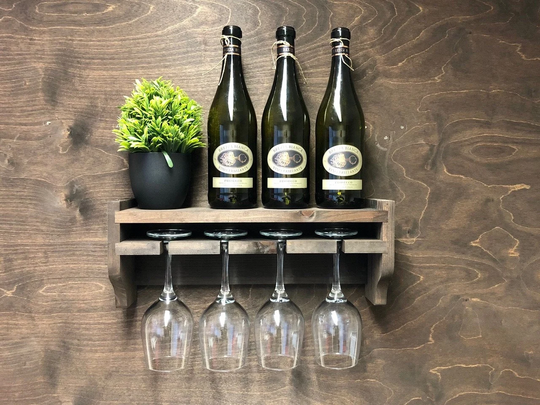 Rustic Wooden Wine Shelf To Hold 4 Glasses/Bottles - Wall Mounted Display Home Bar Man Cave | Ws-Do | Pk3