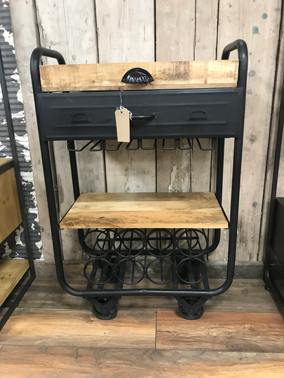 Industrial Drinks Trolley Wine Bar Home Rack - Fir Wood Glass Storage Bottle Shelving Cabinet