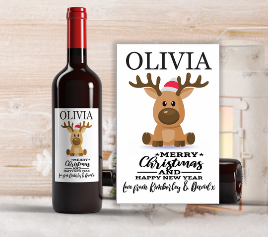 x1 Reindeer Personalised Christmas Wine Bottle Labels, Stickers Gifts Stocking Fillers Tree