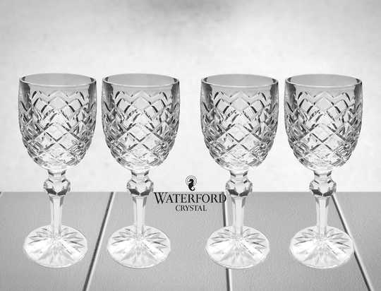Luminous Vintage Signed Waterford Powerscourt Cut Crystal 7 1/8 Inch Claret Wine Glasses - Set Of 4 Retired