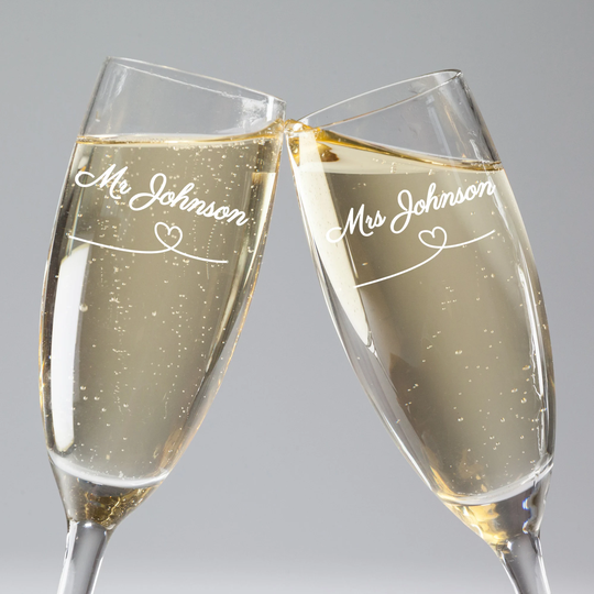 Set Of 2 Champagne Flutes, Personalised Names Wedding Toasts, Engraved Glasses, Custom Gift