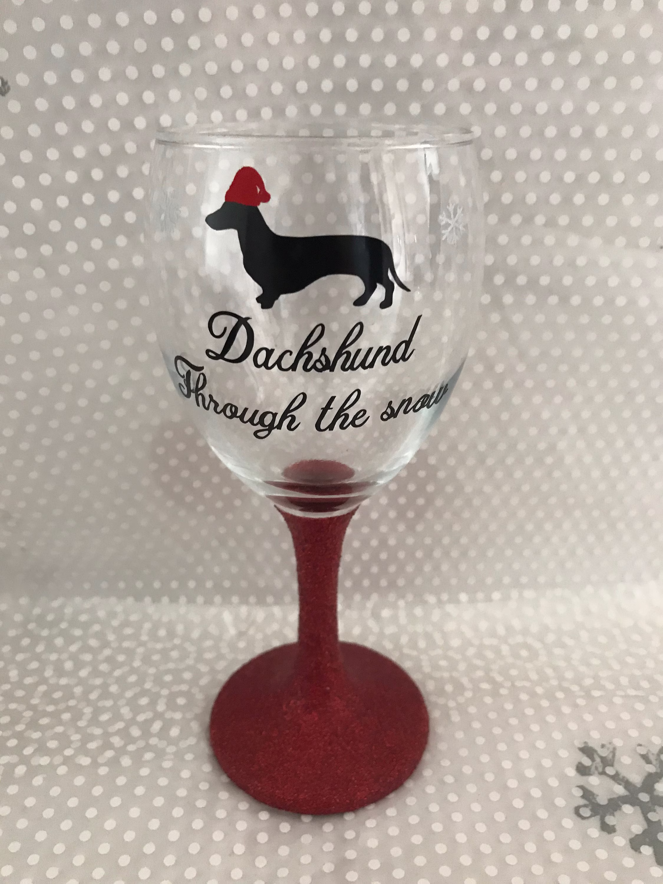Dachshund Through The Snow Dog Santa Hat Wine Glass Christmas Sparkly Red Glitter Stem Two Options To Choose