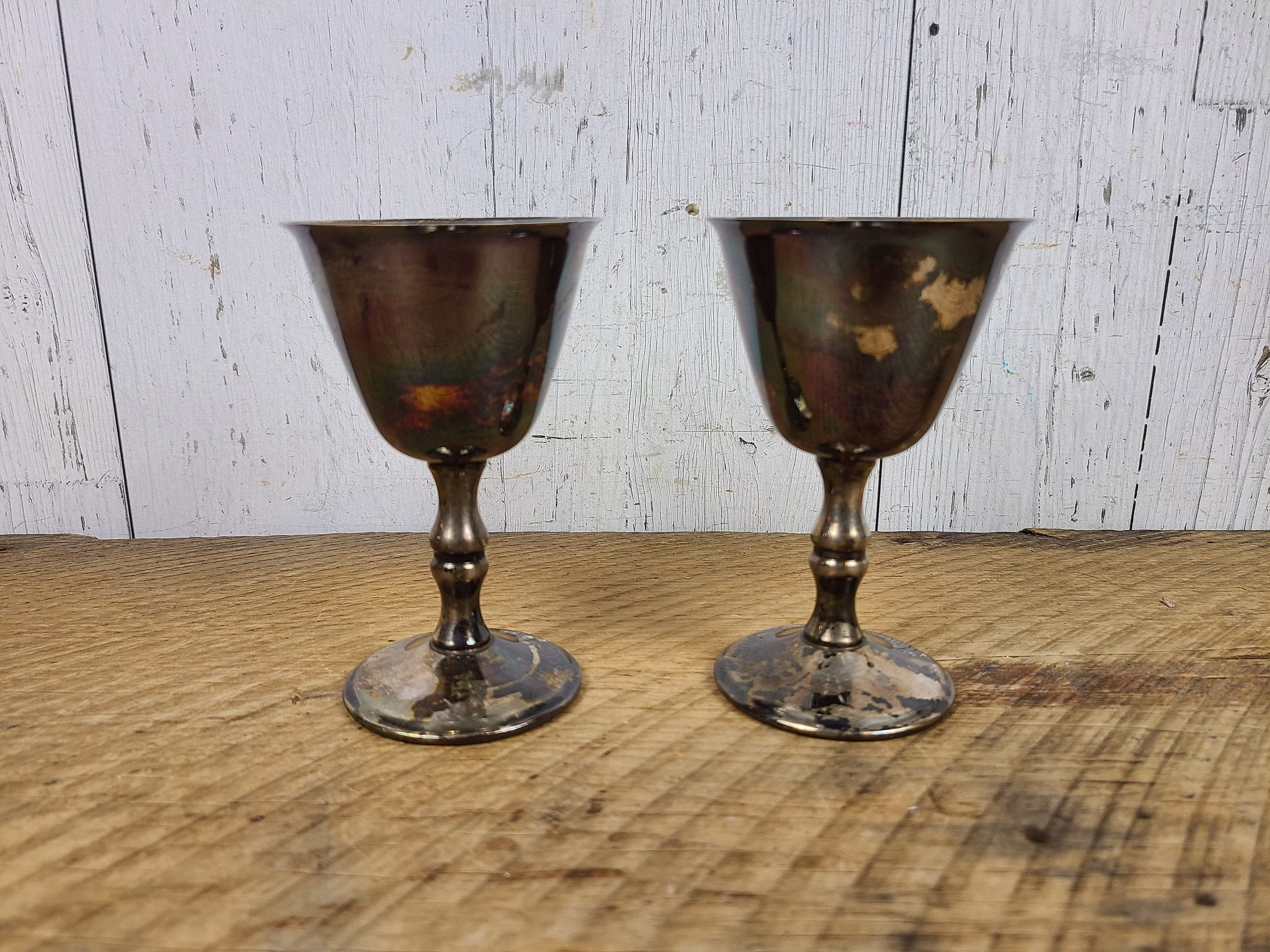 Vintage Set Of 2 Silver Plated Chalices Primrose E.p. Brass Footed Goblet Wine Cups Glass Stemware Barware Hollywood Regency Victorian Style