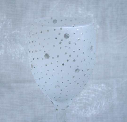 Dotty About You - Silver. Exclusive Design, Hand Painted Wine Glass With Metallic Silver Dots & Spots Encircling An Etched Bowl