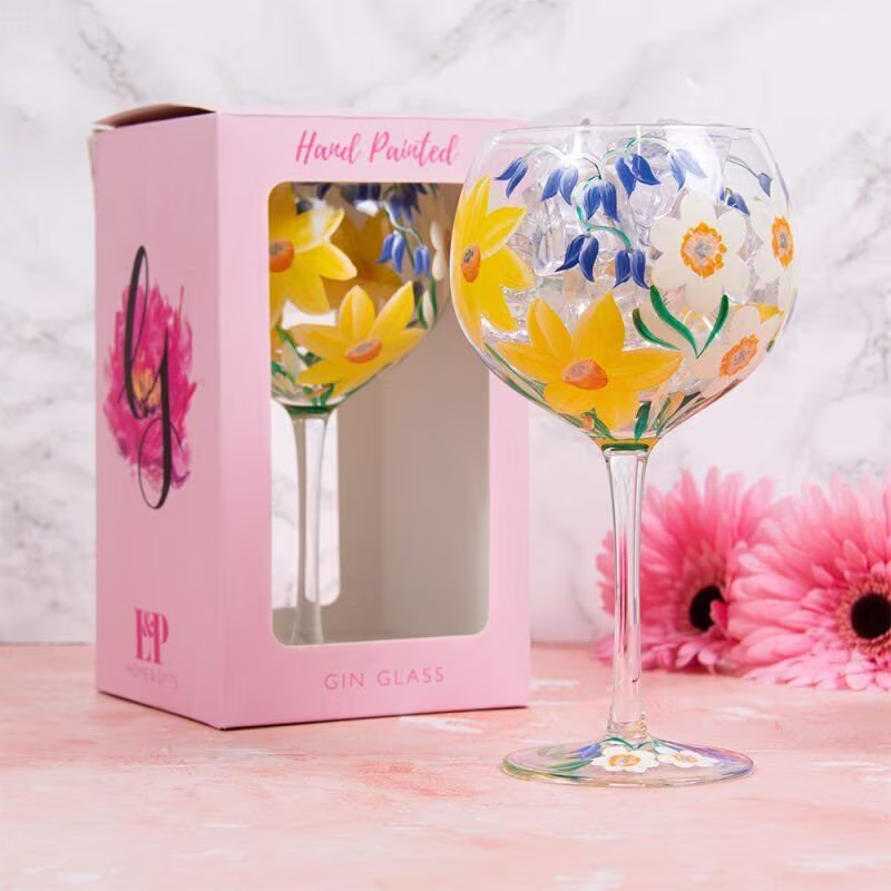 Daffodils Bluebells Cocktail Gin Glass Balloon Flower Floral Handpaint Glassware