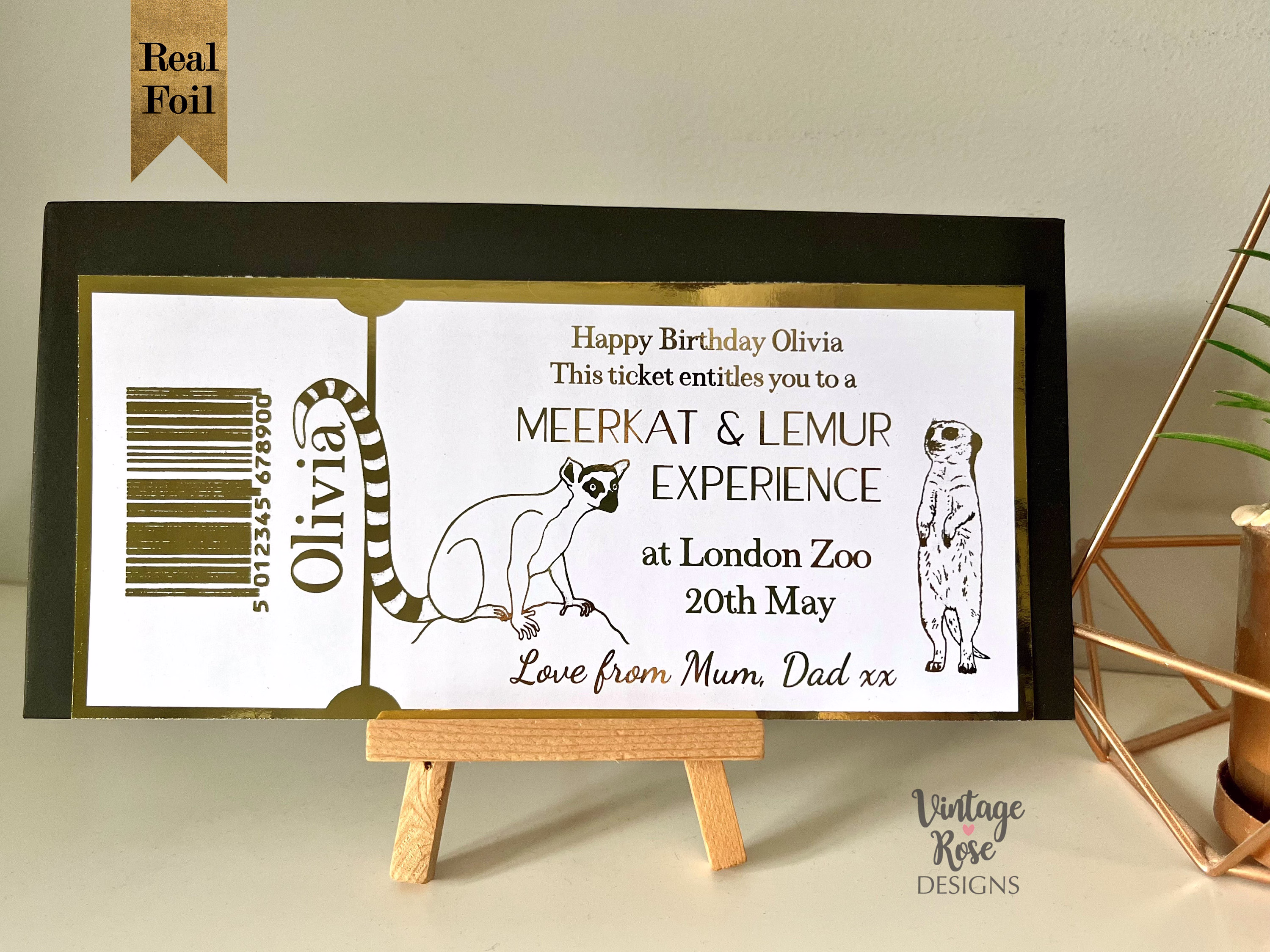 Animal Encounter Gift Voucher, Feeding, Zoo Foiled Fake Ticket, Meerkat Lemur, Experience Kids Gift