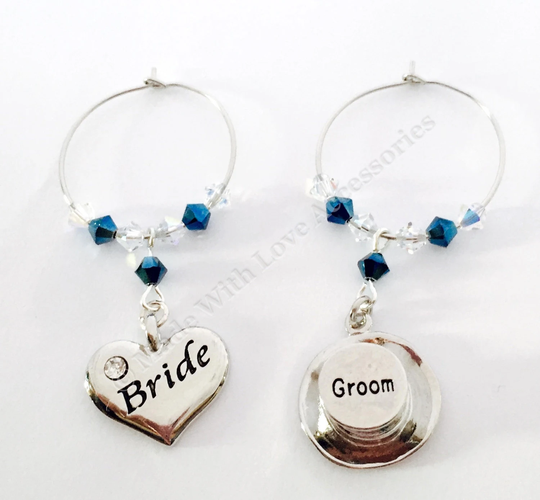 Wine Glass Charms - Bride & Groom Top Hat Heart Wedding Favours Table Decorations Bridal Party
