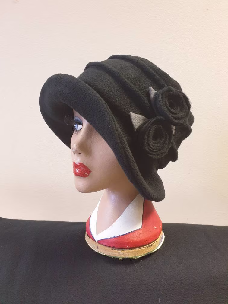 Black Fleece-Cloche Hat With Flower Detail-Polar Fleece Lining-Downton Abbey Hat-Womens Winter Hat-1930's-Ladies