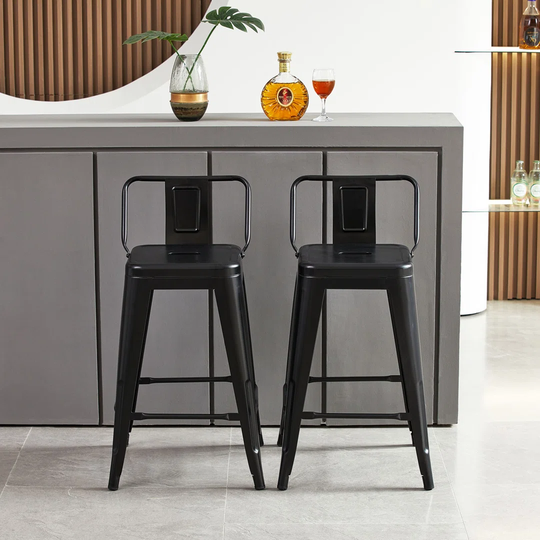 Kitchen Stools Set Of 2, Metal Tall Bar Chairs With Backrest, Black