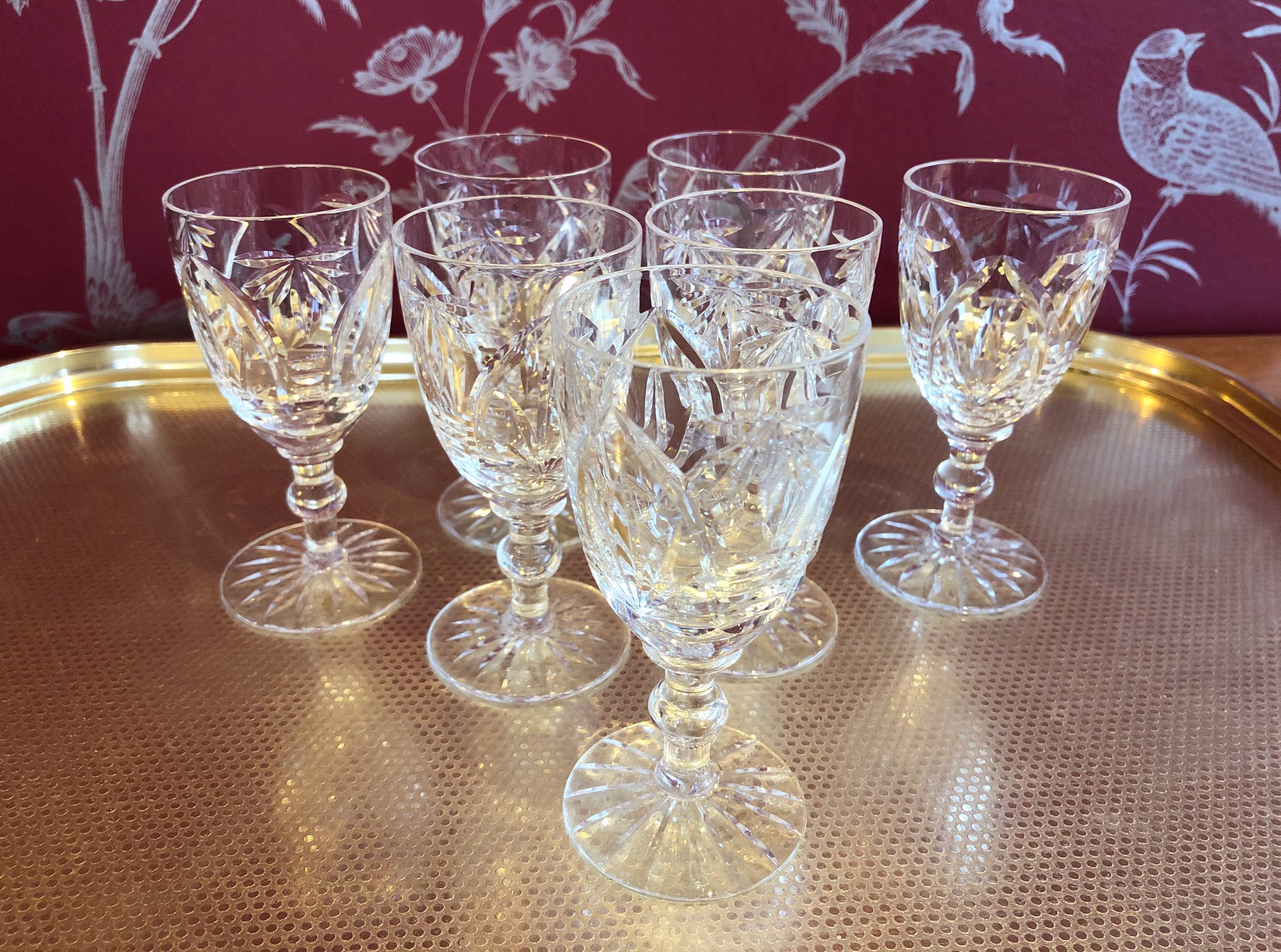 Vintage Set Of Seven Cut Crystal Glass Wine Or Sherry Glasses