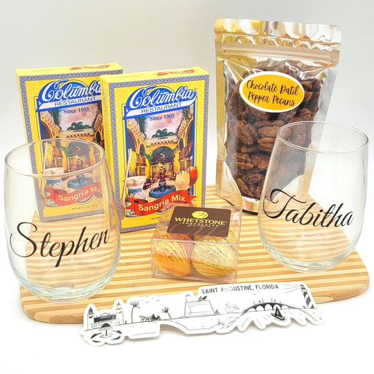 Sangria Party | Personalized Gift Box Wine Glasses Chocolate Datil Pepper Pecans Chocolates Cocktail Custom Sharing Sunshine