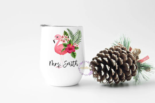 Personalised Stainless Steel Insulated Wine Glass Double Wall For Her, Teachers Gift, Birthday Flamingo Design Stemless Wine Glass