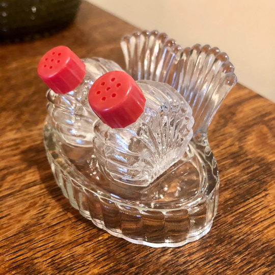 Vintage Glass Salt & Pepper Shakers in Holder Mid Century Kitchen Decor Retro Serving Red Plastic Caps