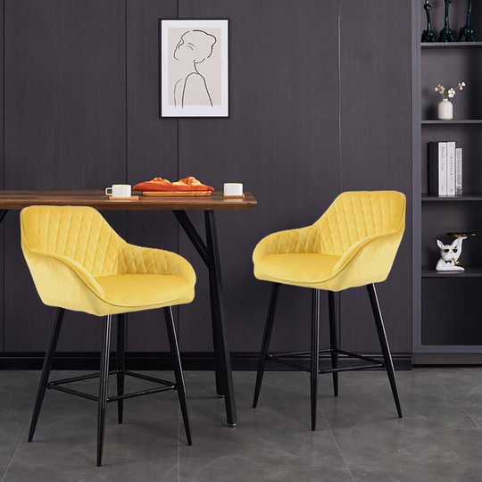 (YELLOW) 2x Crushed Velvet Metal Leg Breakfast Bar Stools