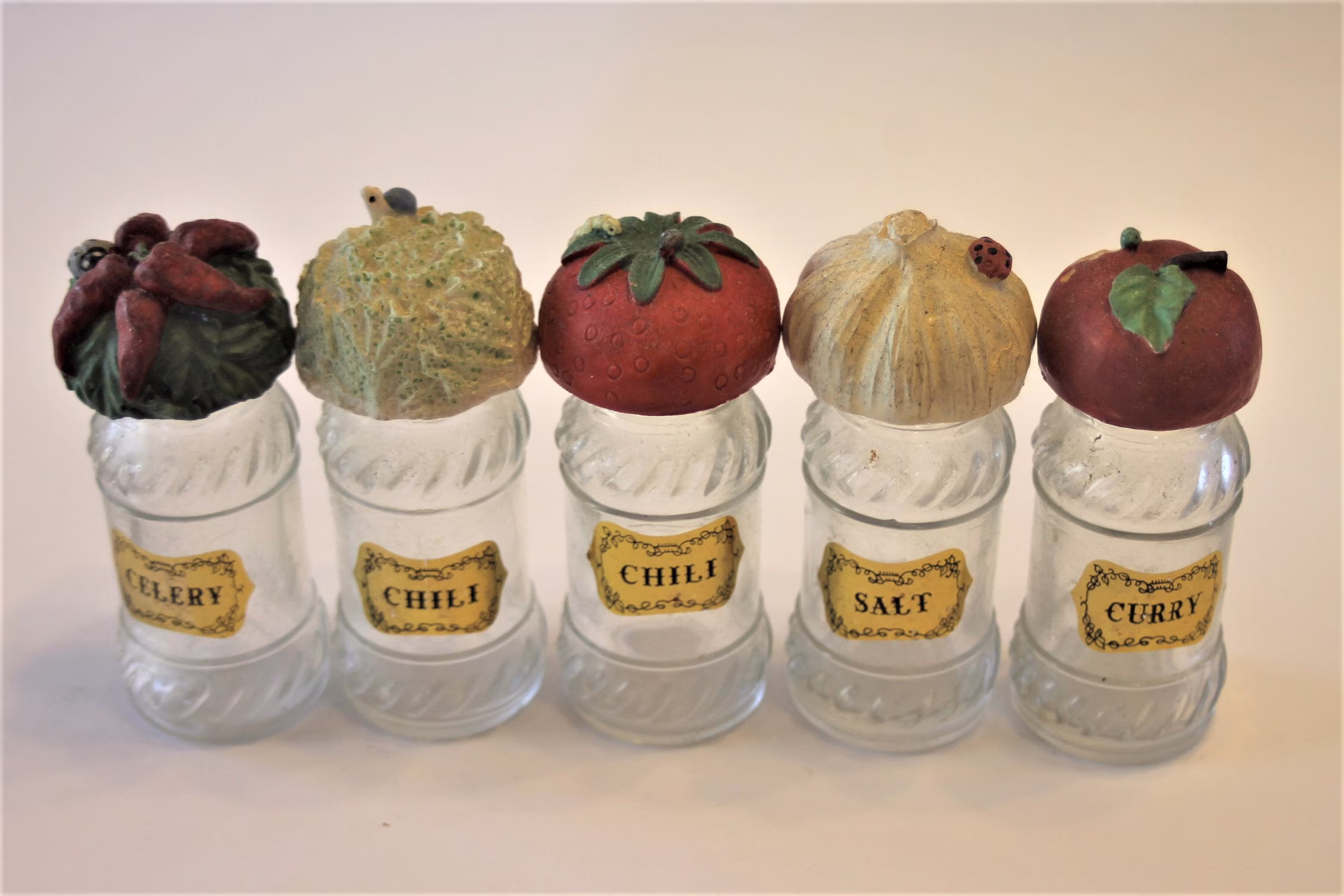 Set Of 5 Vintage Spice Bottles With Resin Toppers | Empty